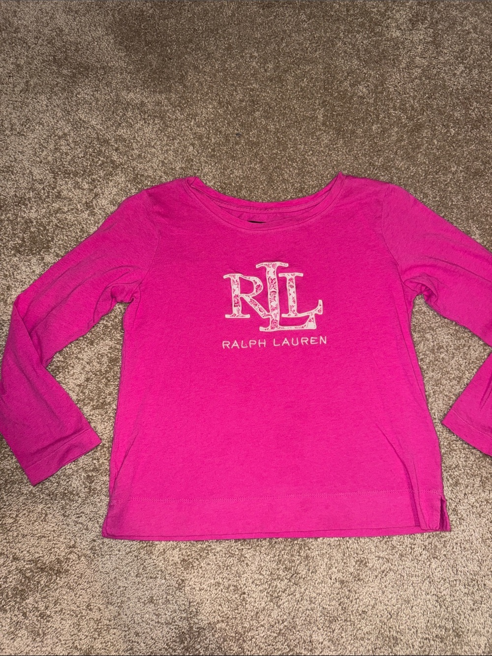 Ralph Lauren Bright Pink Long Sleeve RL Logo Tee Loungewear - Small